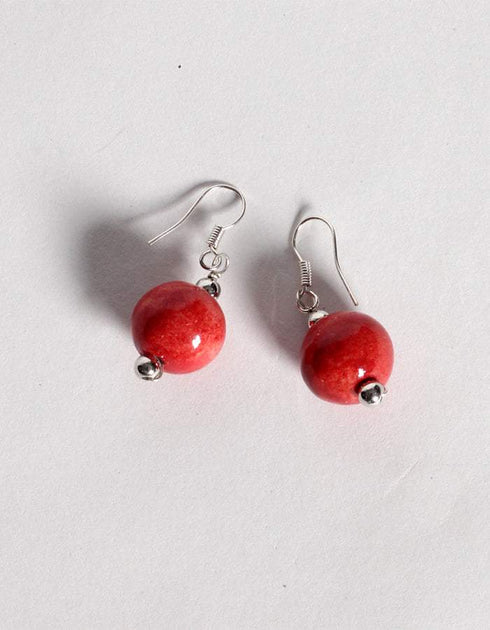 Blue Pottery Guccha Necklace With One Bead Earring (Red)